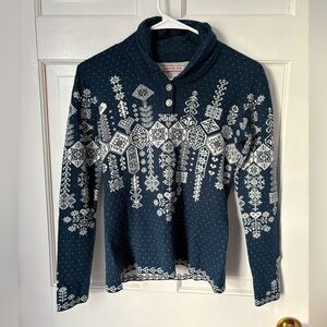 Obermeyer Cabin Knit Pullover Shawl Collar Navy White, Size Small (S) Snowflakes